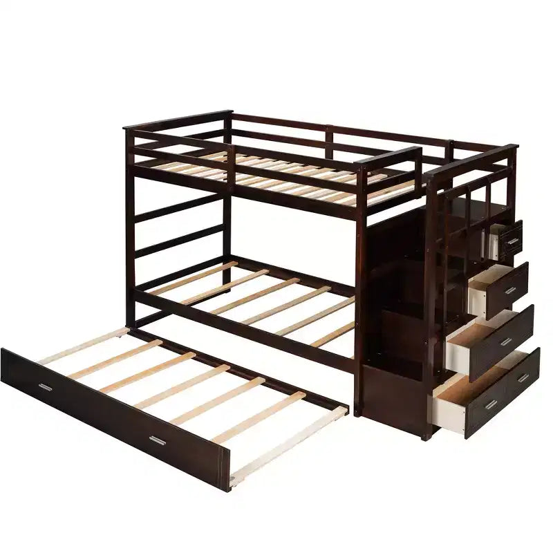 Twin Over Twin Wood Bunk Bed with 4 Drawers, Trundle and Staircase