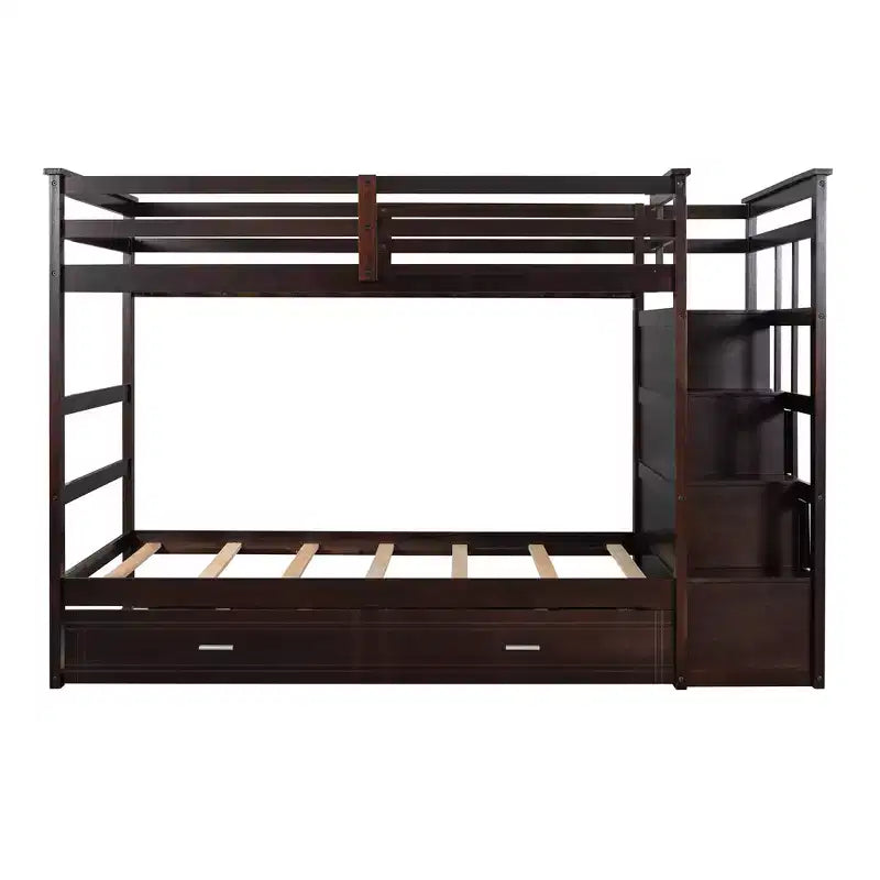 Twin Over Twin Wood Bunk Bed with 4 Drawers, Trundle and Staircase