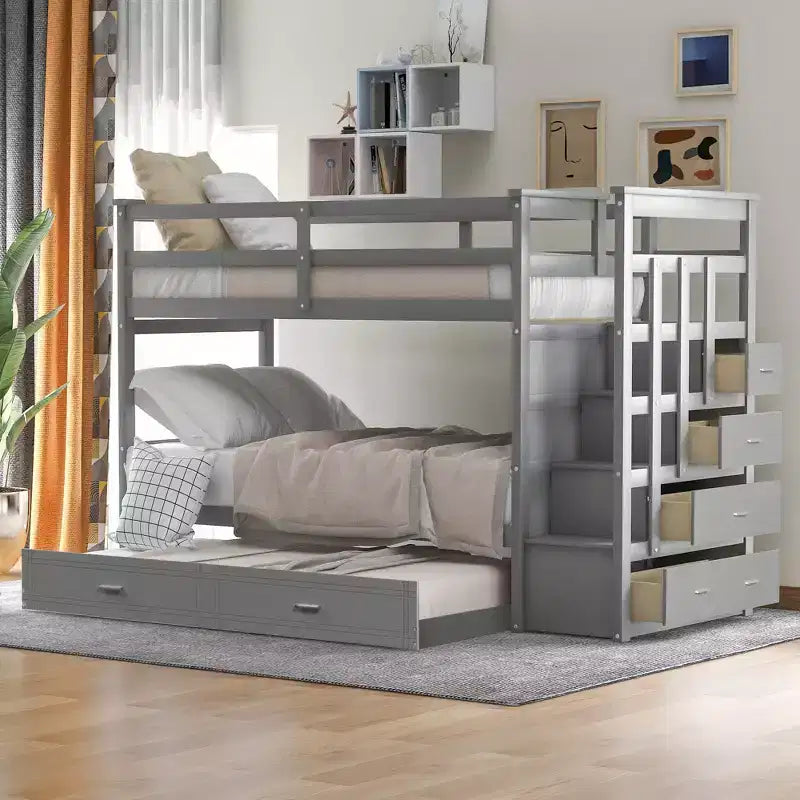 Twin Over Twin Wood Bunk Bed with 4 Drawers, Trundle and Staircase