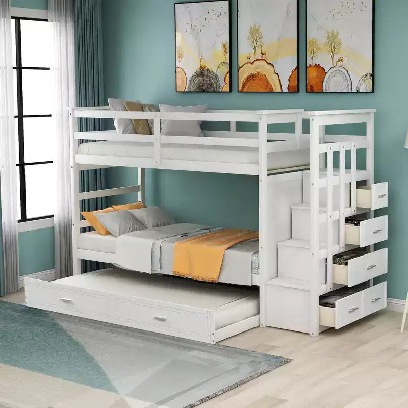 Twin Over Twin Wood Bunk Bed with 4 Drawers, Trundle and Staircase