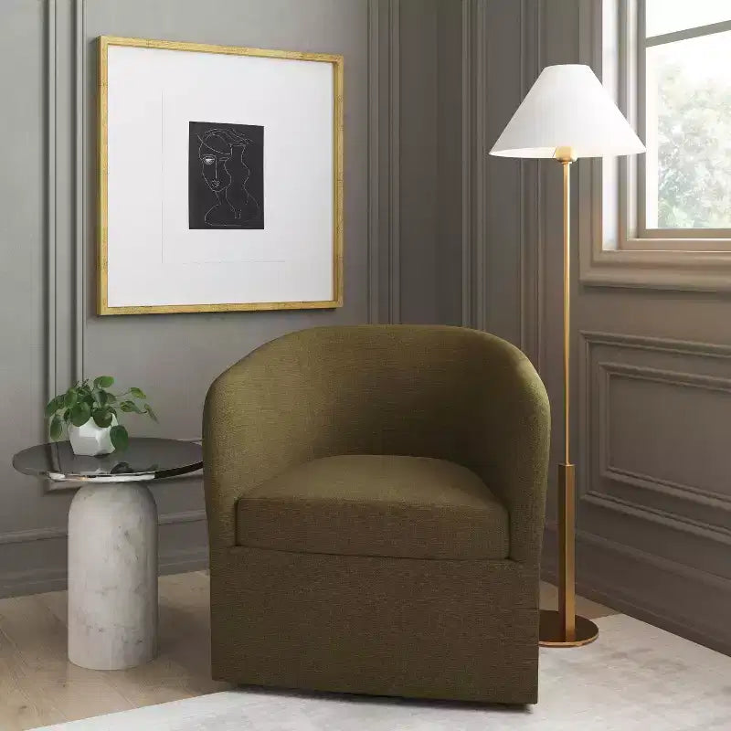 Swivel Chair in Linen, Upholstered Barrel Armchair