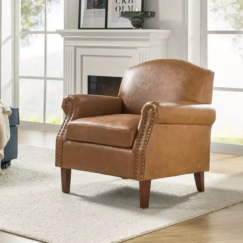 Transitional Vegan Leather Armchair with Nailhead Trim and Solid Wood Legs for Bedroom and Living Room