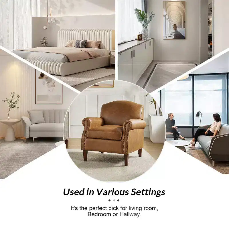 Transitional Vegan Leather Armchair with Nailhead Trim and Solid Wood Legs for Bedroom and Living Room