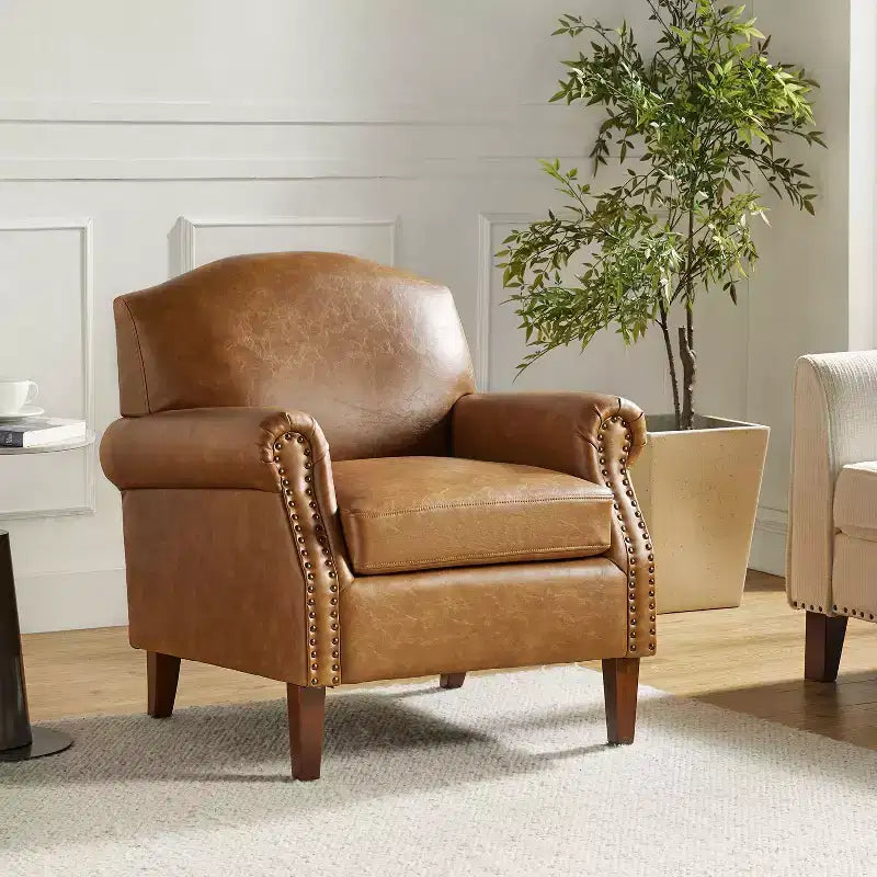 Transitional Vegan Leather Armchair with Nailhead Trim and Solid Wood Legs for Bedroom and Living Room
