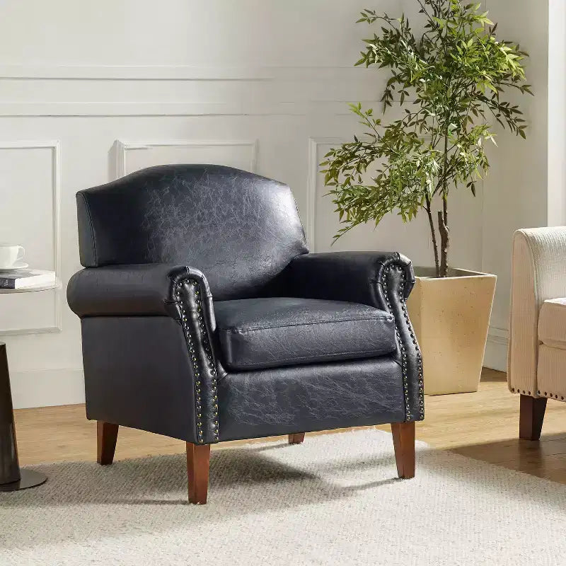 Transitional Vegan Leather Armchair with Nailhead Trim and Solid Wood Legs for Bedroom and Living Room