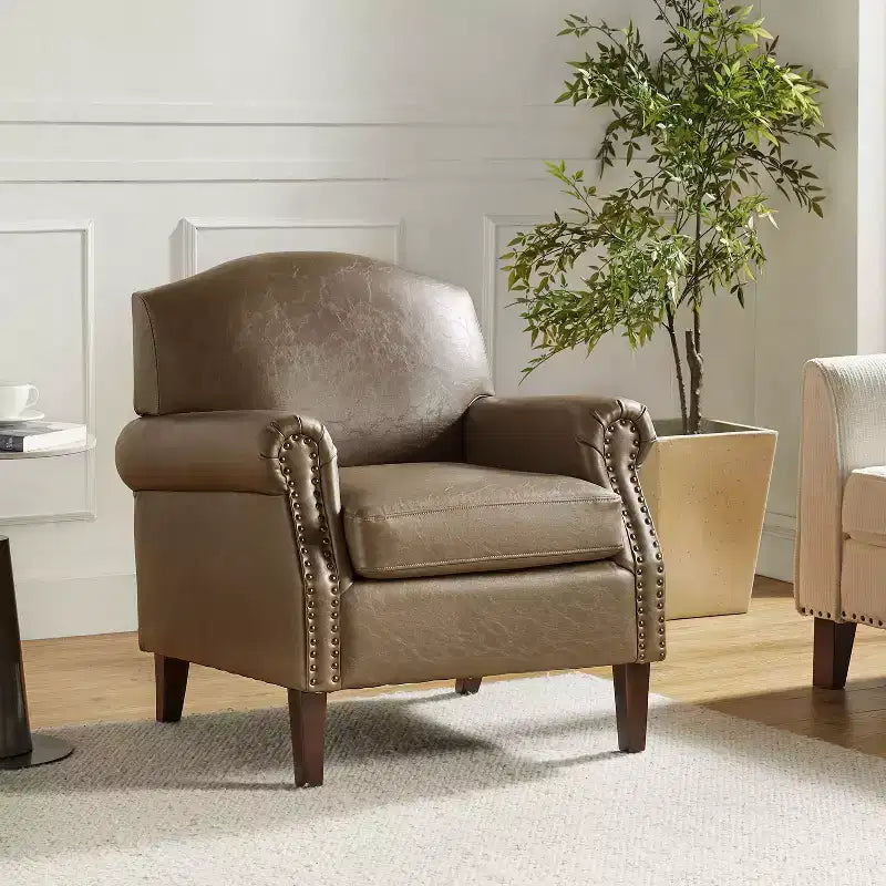 Transitional Vegan Leather Armchair with Nailhead Trim and Solid Wood Legs for Bedroom and Living Room