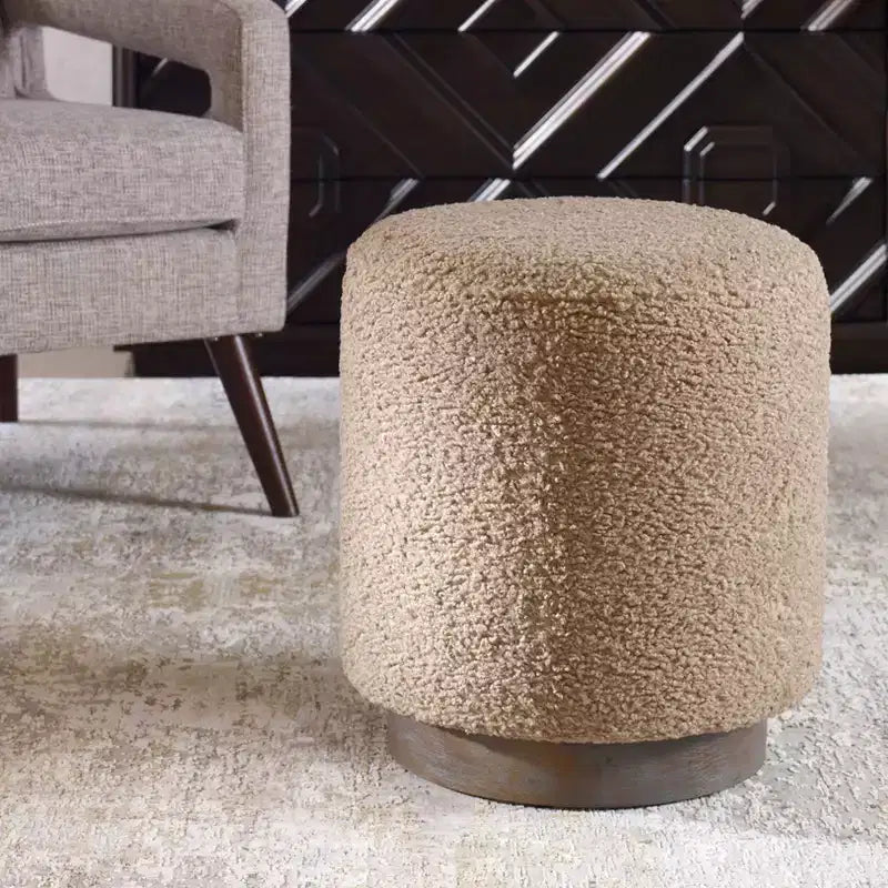 Base large en bois et ottomane en tissu latte, siège d'appoint rond pour salon ou chambre