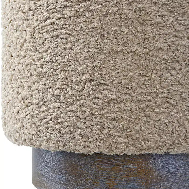 Wide Wooden Base and Latte Fabric Ottoman, Round Accent Seat for Living Room or Bedroom